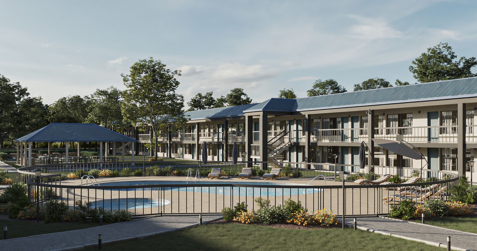 Rendering of the fenced pool courtyard with lounge chairs and a covered pavilion