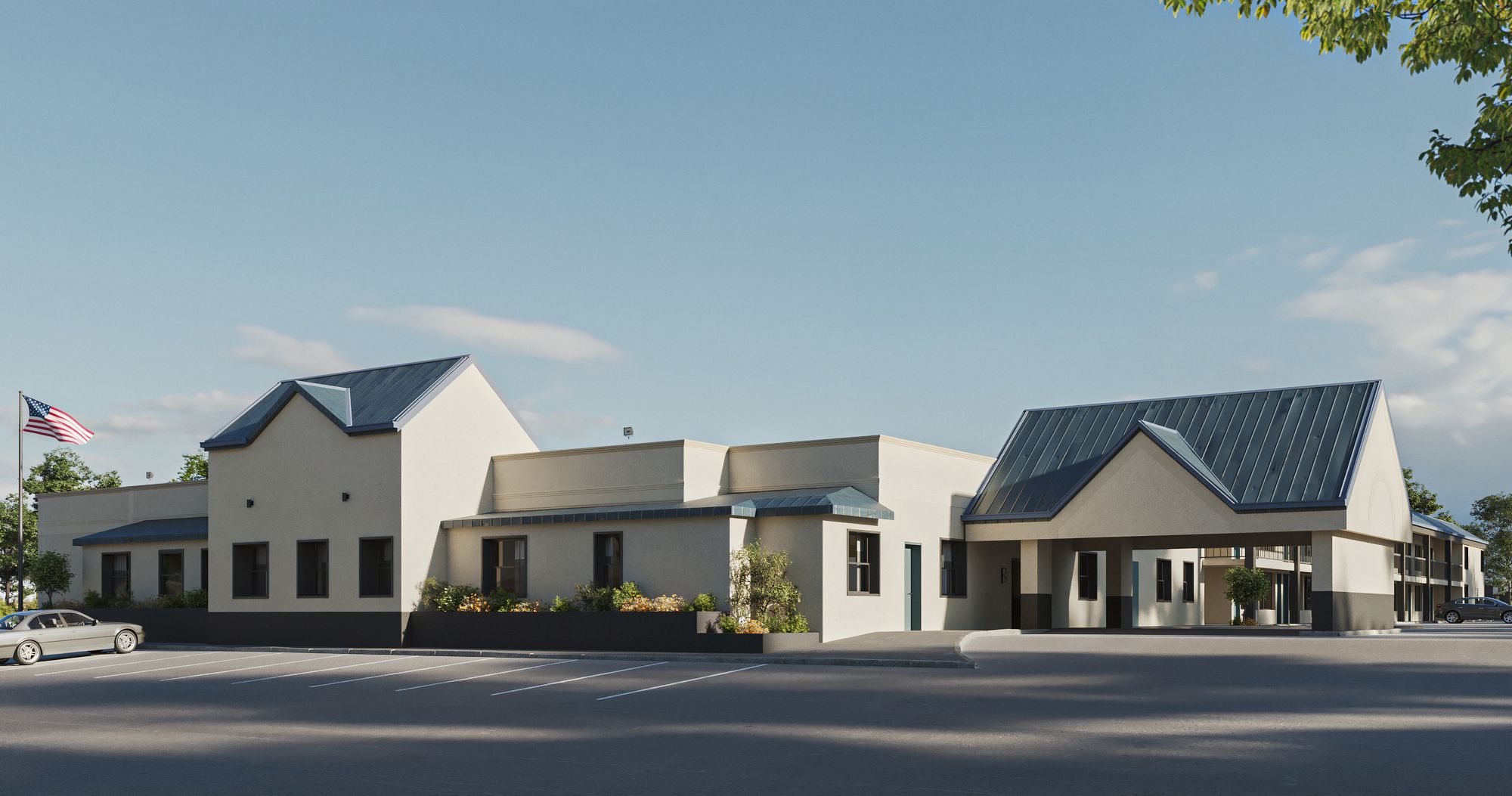 Rendering of the Avora Living clubhouse building with standing-seam roof, American flag and covered drive-through