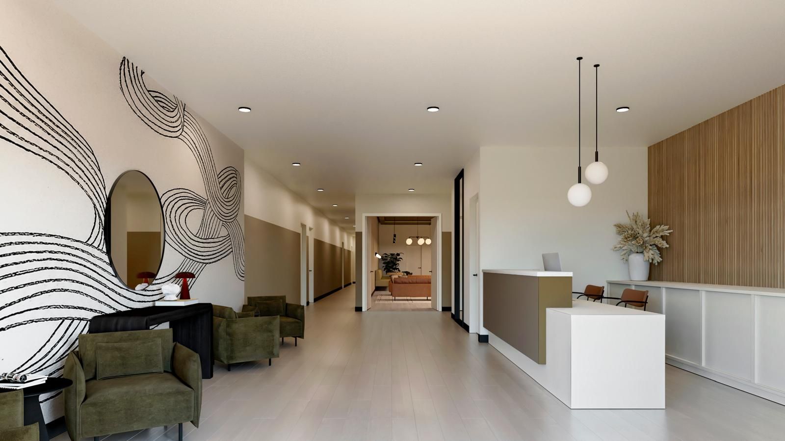Rendering of the lobby with reception desk, lounge chairs and a line-art mural