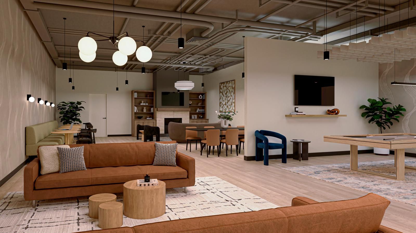 Rendering of the resident lounge with leather sofas, fireplace, communal dining table and pool table