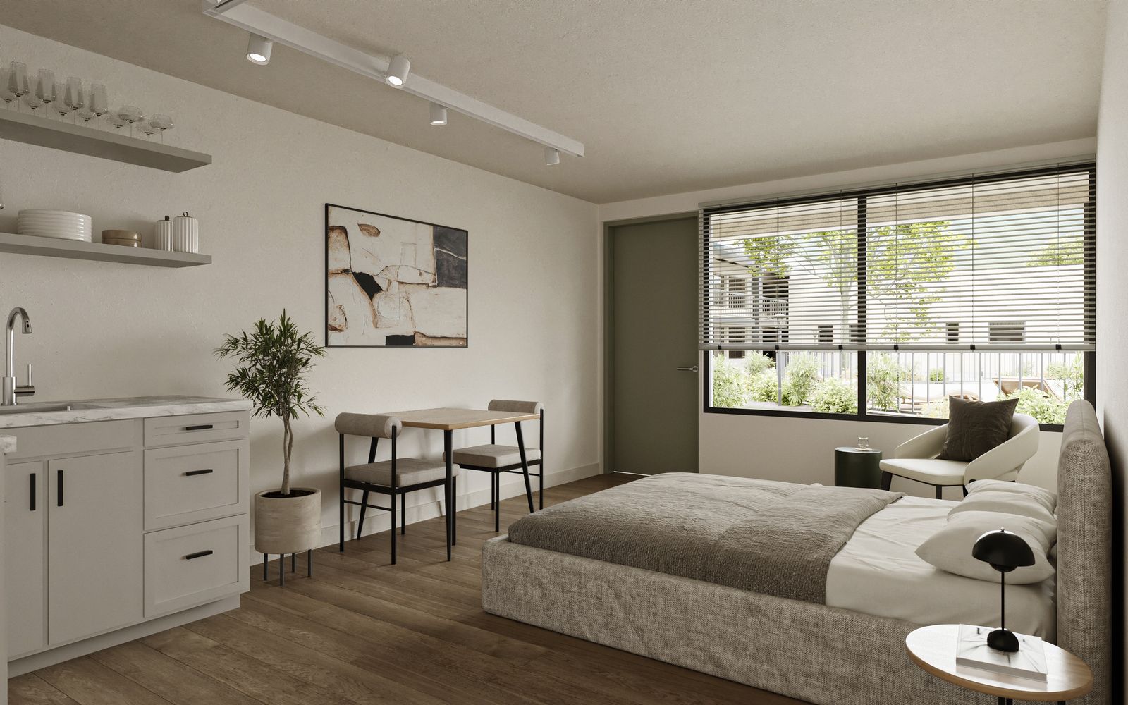 Rendering of a studio residence with kitchenette, dining table for two and a window onto the courtyard