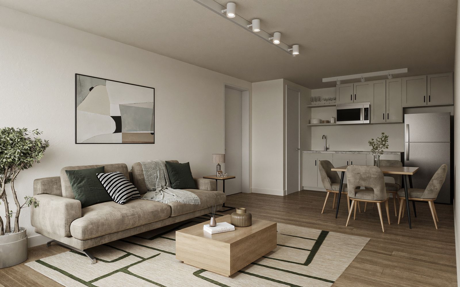 Rendering of a one-bedroom living room with sofa, dining table for four and a full kitchen