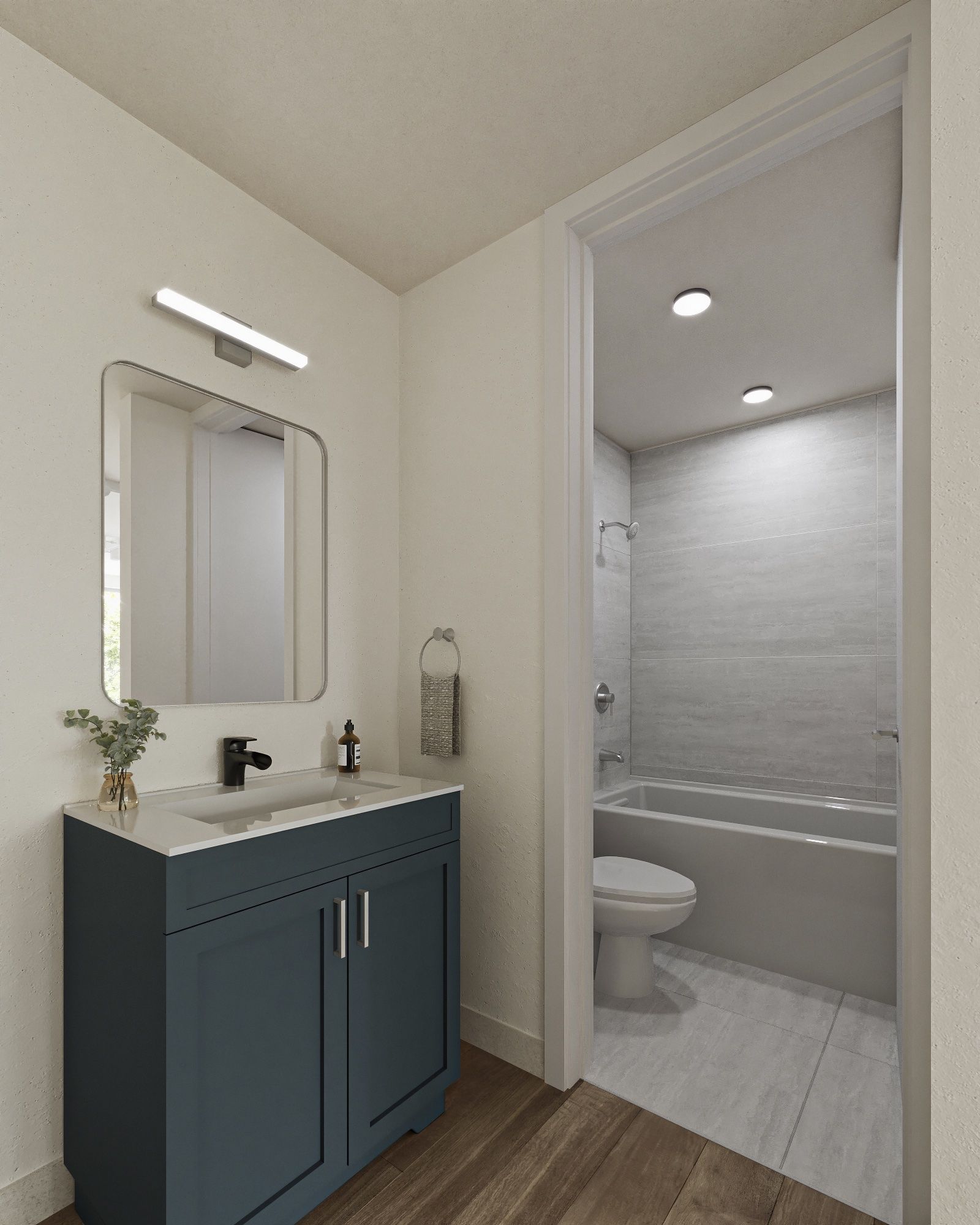 Rendering of a bathroom with navy vanity, black faucet and tiled tub-shower